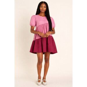 English Factory Mini Dress Colorblock Puff Sleeve Tiered Burgundy Pink Size S